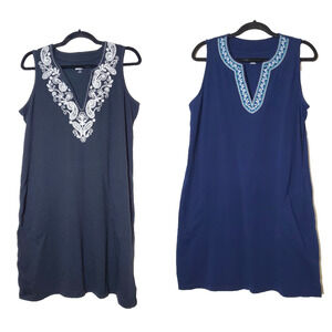 Lands End Womens Dress LOT Medium Embroidered Pockets Blue‎ Black 100% Cotton